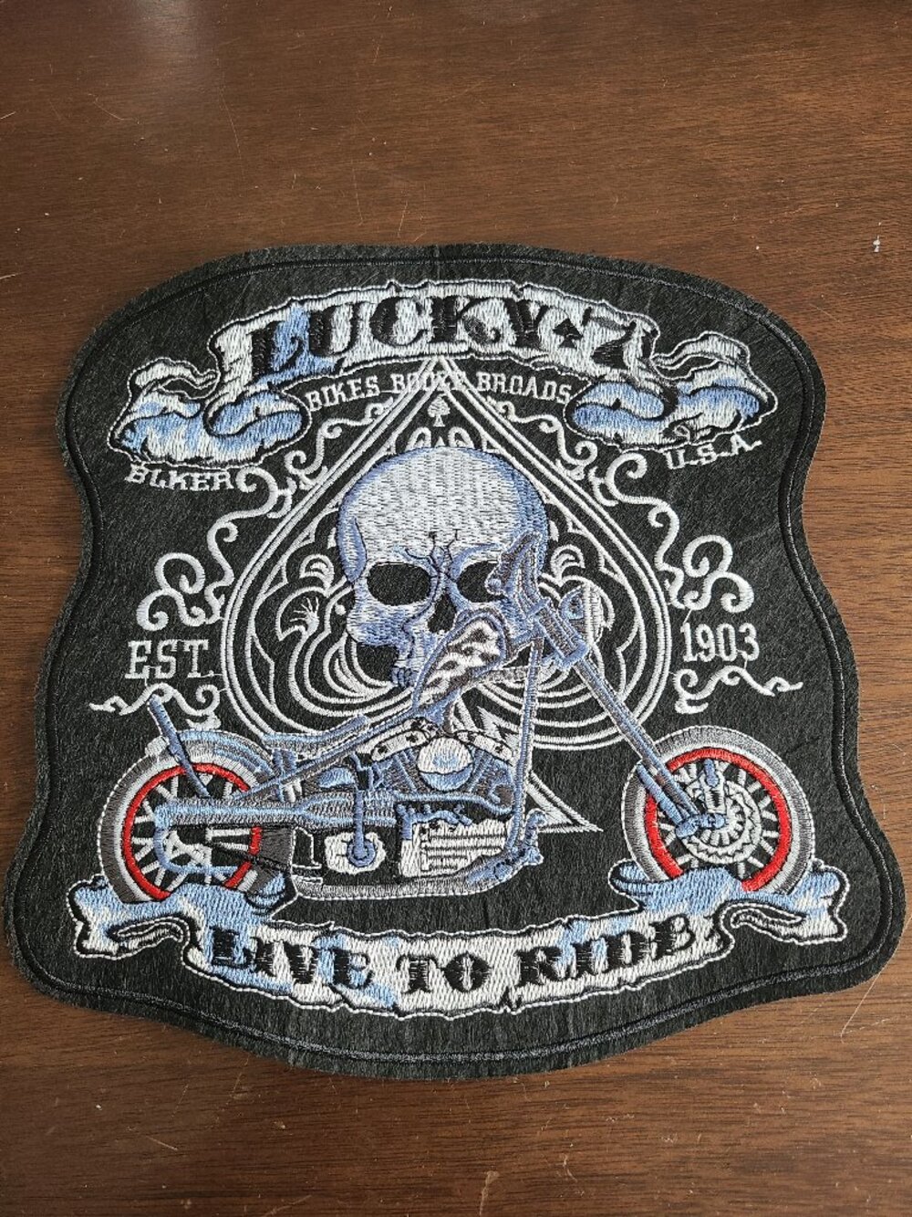 Large Lucky 7 Ace of Spades Skull Chopper Biker Back Patch Live To Ride NEW